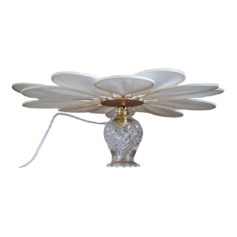 Suspension, Baladeuse fleur, modèle Camomille, la Classique, 45cm de diamètre, 16 pétales en rotin, lin blanc et globe vintage en verre ciselé - Lampes et veilleuses neuf - photo_2