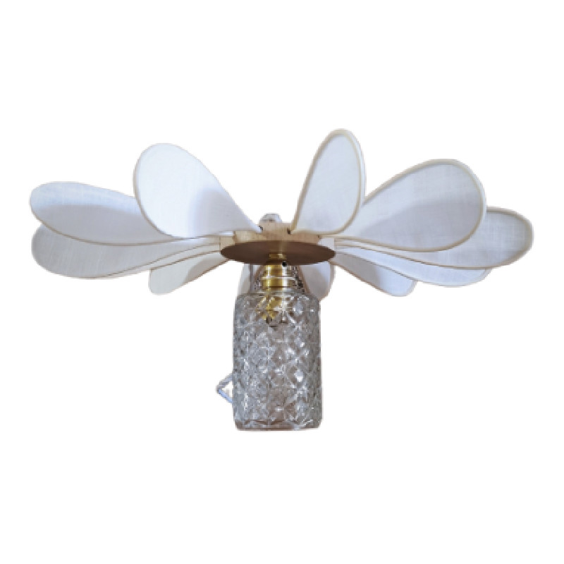 Suspension, Baladeuse fleur, modèle Hélice, la Petite, 45cm de diamètre, 16 pétales en rotin, lin blanc et globe vintage en verre ciselé - Lampes et veilleuses neuf - photo_2