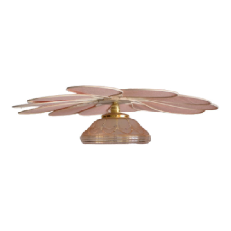 Suspension fleur, modèle Pâquerette, La Petite, 55cm de diamètre, 12 pétales en rotin et lin blush et son globe vintage rosé décoré de fleurs - Lampes et veilleuses neuf - photo_2