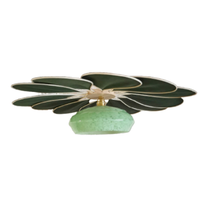 Suspension fleur, modèle Pâquerette, La Petite, 55cm de diamètre, 12 pétales en rotin et lin Vert Sapin et son globe vintage chiné - Lampes et veilleuses neuf - photo_2