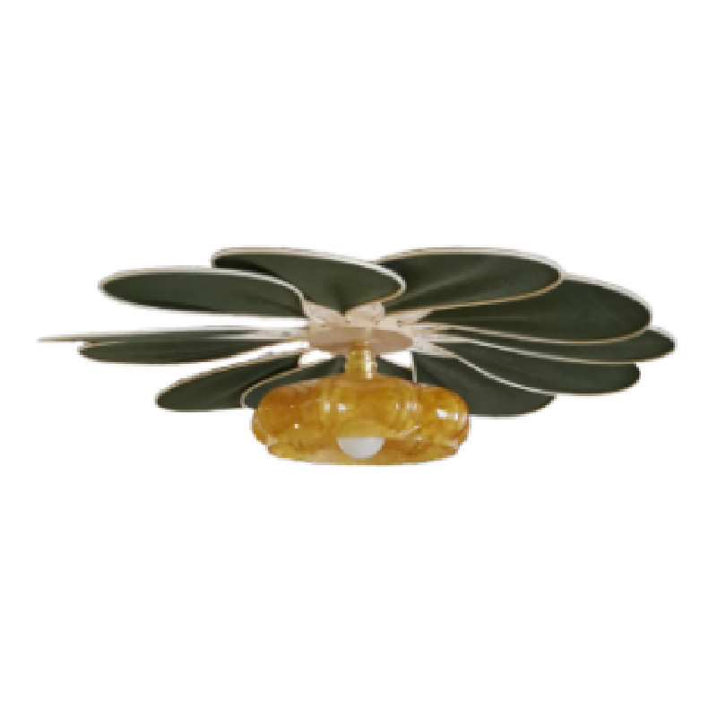 Suspension fleur, modèle Pâquerette, La Petite, 55cm de diamètre, 12 pétales en rotin et lin Vert Sapin et son globe vintage chiné - Lampes et veilleuses neuf - photo_2